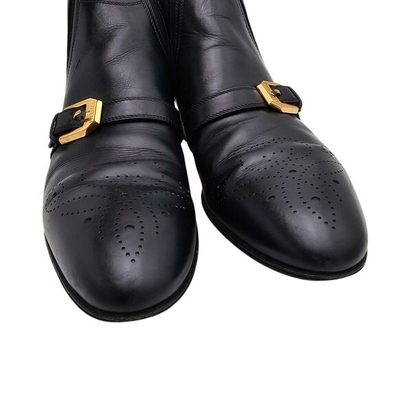 Gucci Worsh Black Leather Chelsea Ankle Boot Size 38.5 US 8.5 Gold Buckle Brogue - Picture 3 of 11